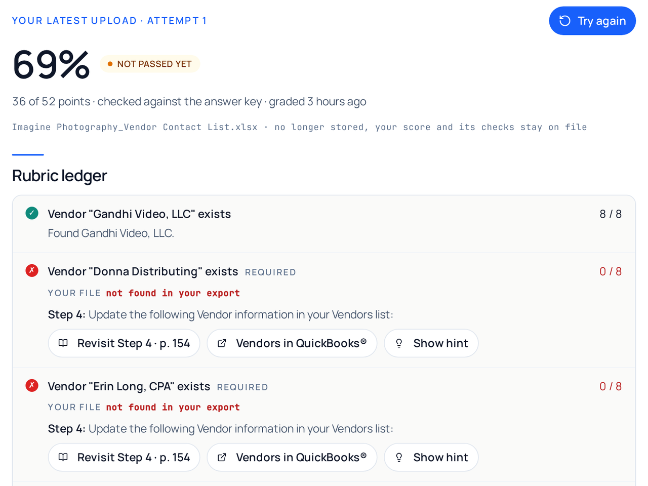 A smart grader result: 69%, not passed yet, one vendor found and two missing from the upload, each with a link back to the step in the book, a link to that list in QuickBooks® and a hint.