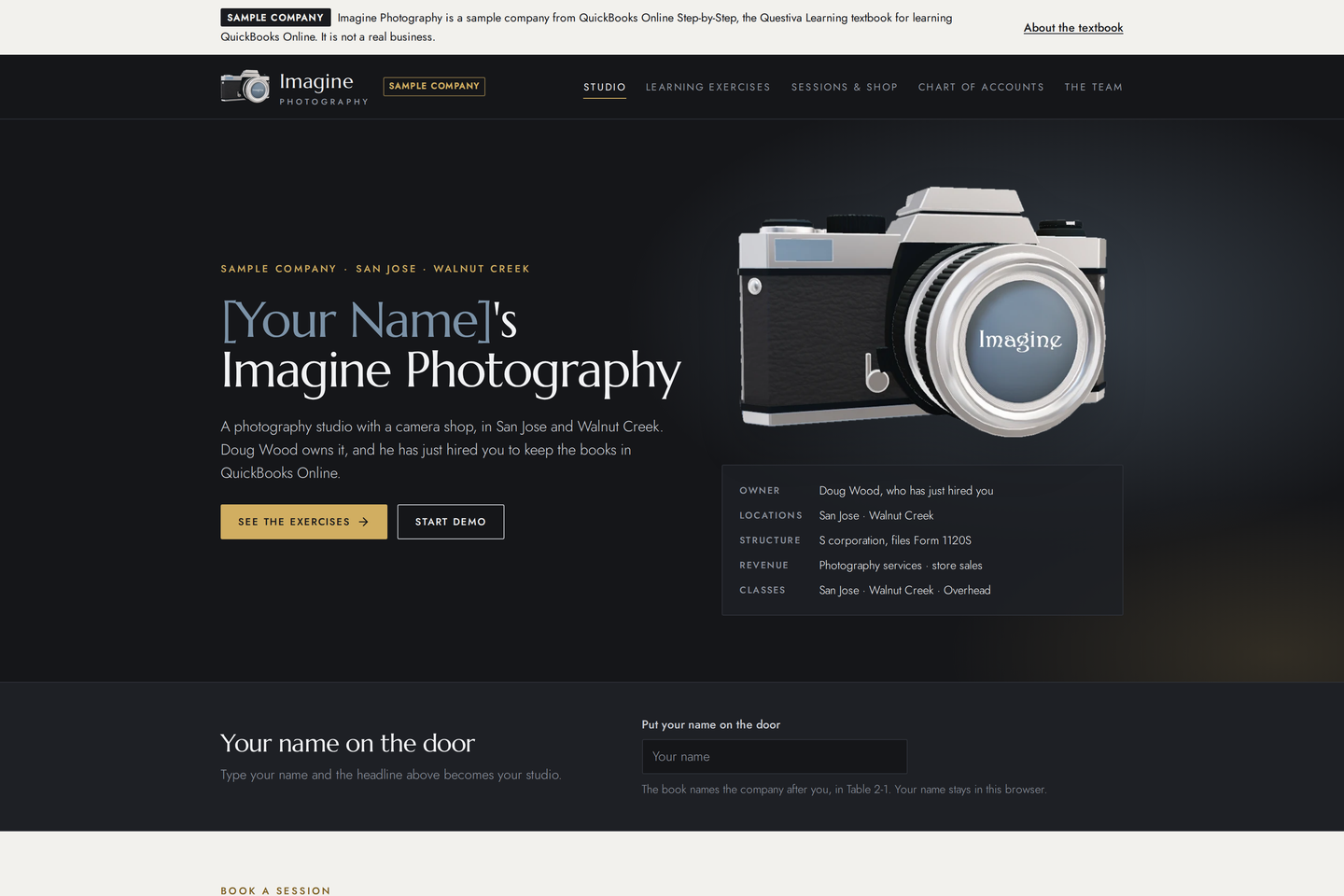 The Imagine Photography website: [Your Name]’s Imagine Photography, a film camera with Imagine on the lens, and a panel naming Doug Wood as the owner.