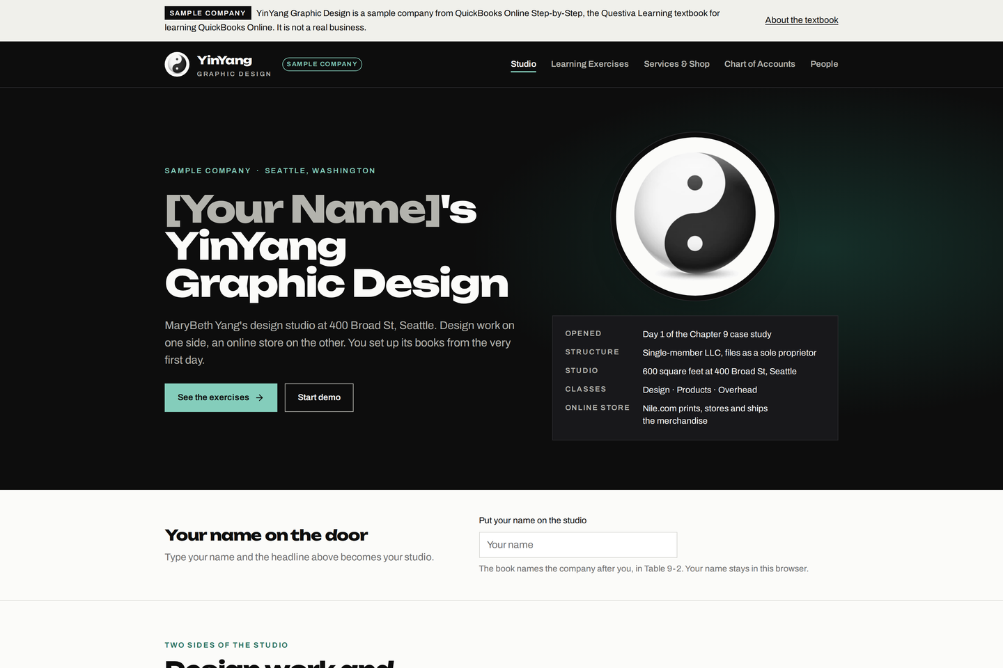 The YinYang Graphic Design website: [Your Name]’s YinYang Graphic Design, a yin-yang mark, and a panel saying the studio opens on day 1 of the chapter 9 case study.