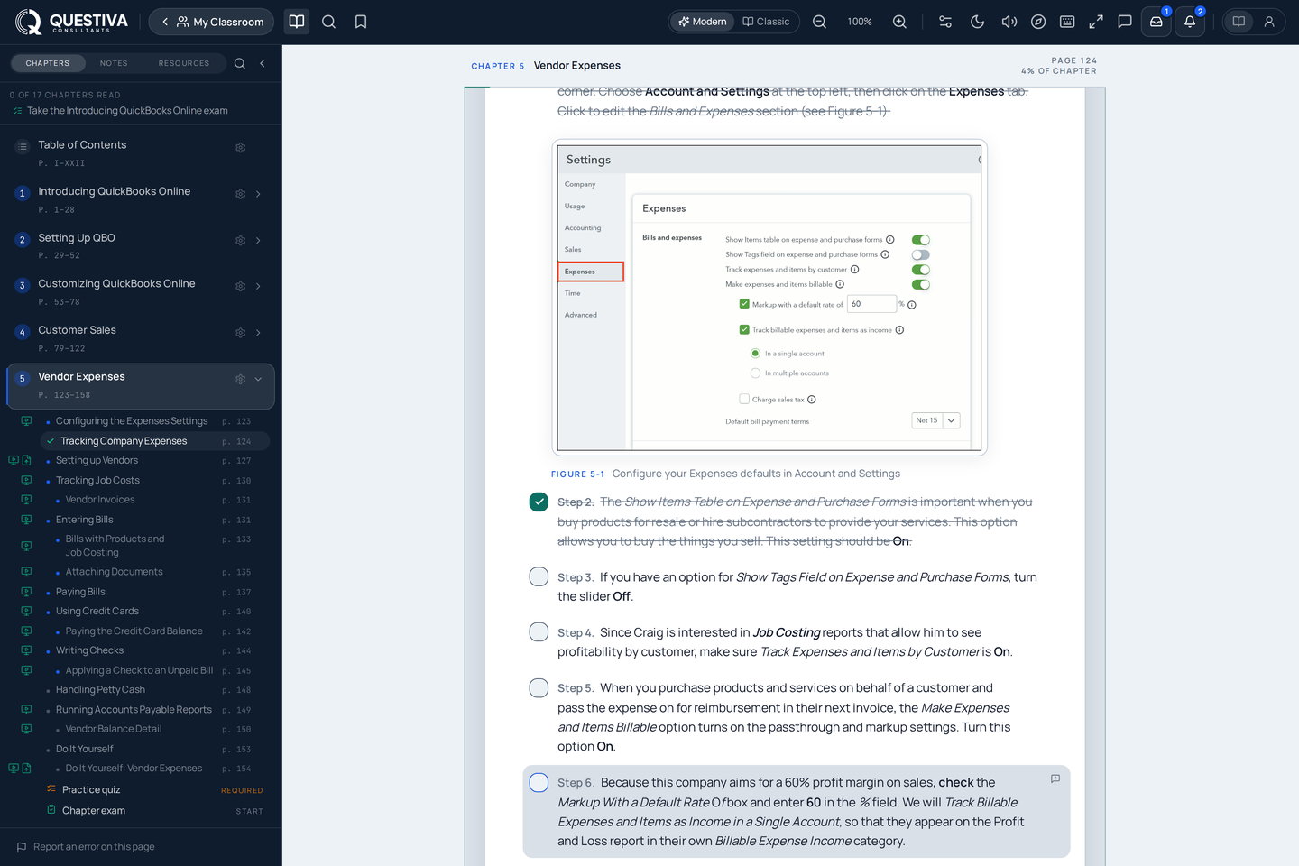 QuickBooks textbook open with a checklist of practice steps beside the lesson