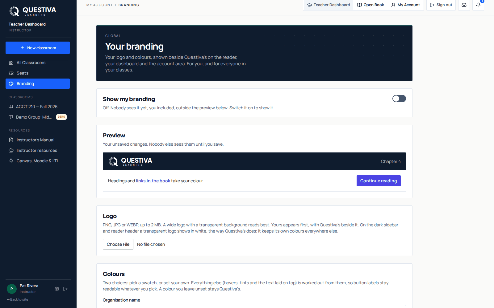The Your branding page: the Show my branding switch, a preview of the reader header, the logo upload and the colour pickers.