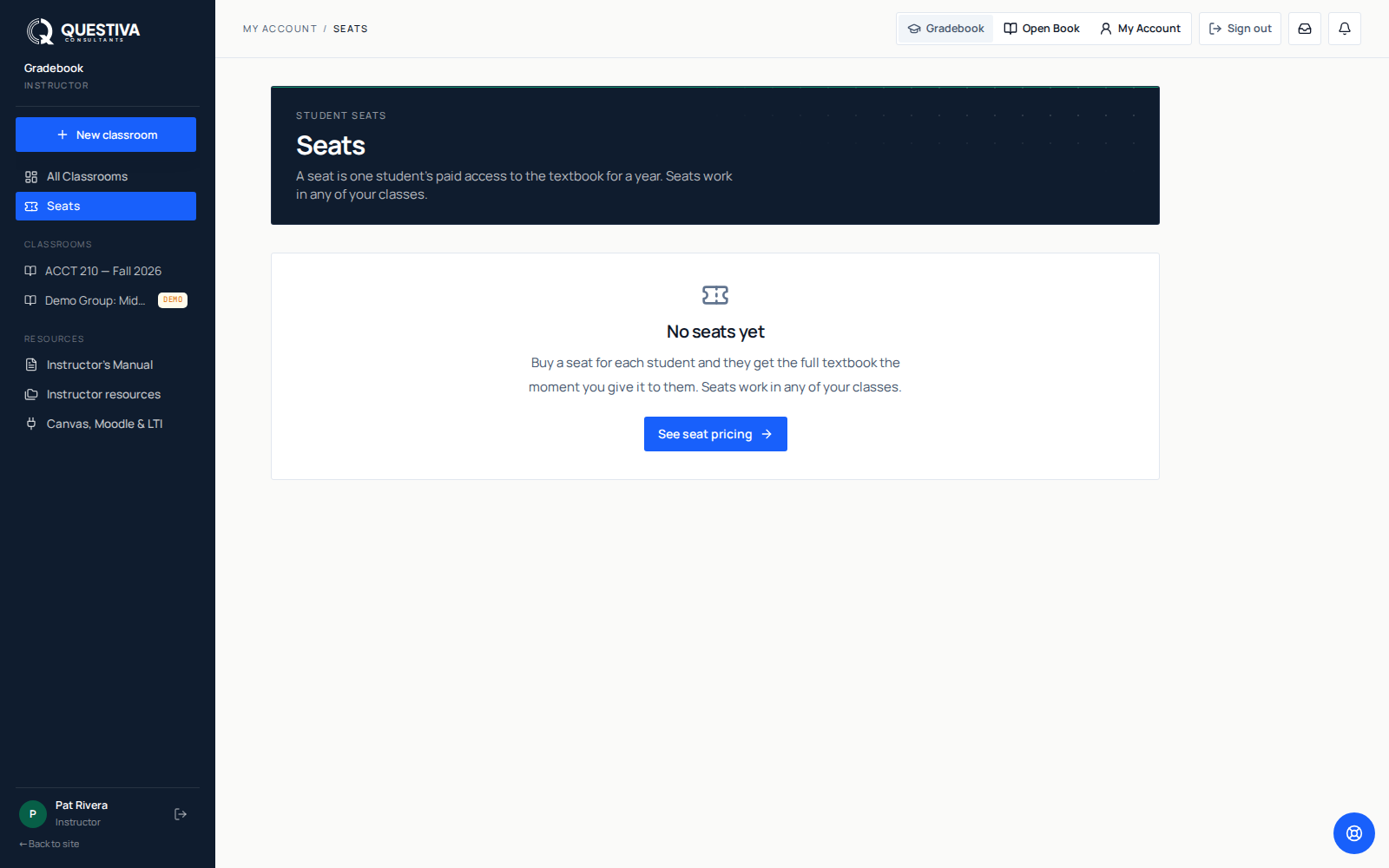 The Teacher Dashboard sidebar with Seats selected under All Classrooms, and the Seats page showing the No seats yet empty state with a See seat pricing button.