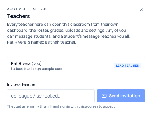 The Teachers window: the lead teacher, and an Invite a teacher email field with a Send invitation button.