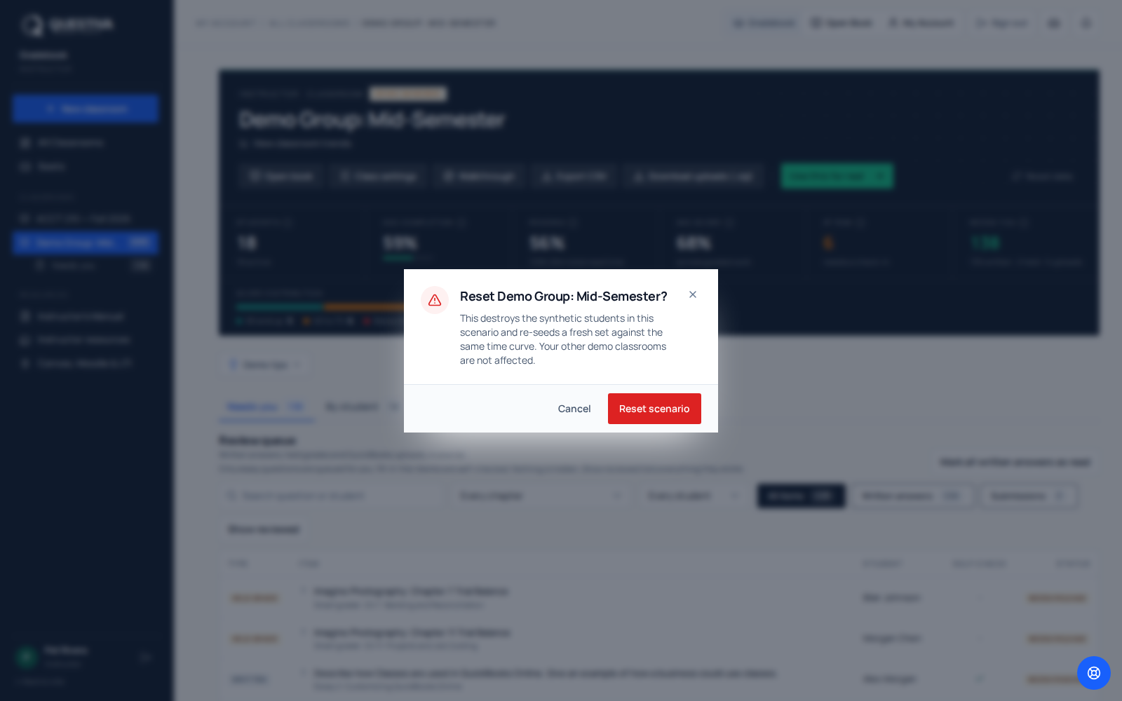 A confirmation dialog headed Reset followed by the group name, explaining that the synthetic students will be destroyed and re-seeded against the same time curve, with a red Reset scenario button.