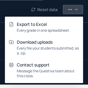 The More options menu open: Export to Excel, Download uploads and Contact support.
